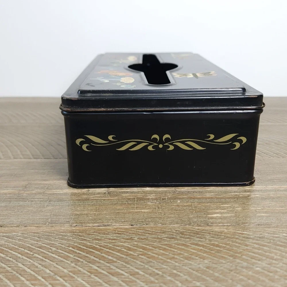 Vintage Decorative Tissue Box Cover Metal Tole Ware Hand Painted Floral Hanging